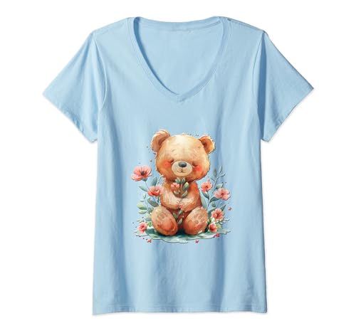 Damen Baby Bär mit Blumen süßer Kuschelbär Tochter Mädchen T-Shirt mit V-Ausschnitt von süßer farbenfrohe Bärliebhaber Outfits
