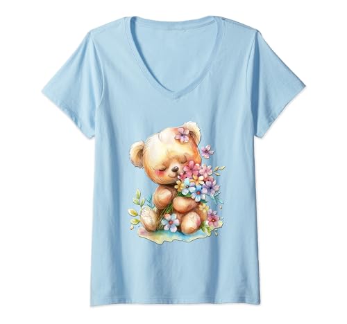 Damen Baby Bär mit Blumen süßer Kuschelbär Tochter Mädchen T-Shirt mit V-Ausschnitt von süßer farbenfrohe Bärliebhaber Outfits