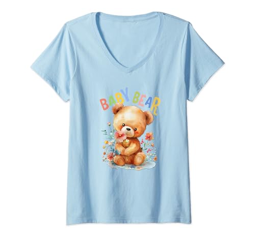 Damen Bär mit Blumen süßer Kuschelbär Baby Bear Mädchen T-Shirt mit V-Ausschnitt von süßer farbenfrohe Bärliebhaber Outfits