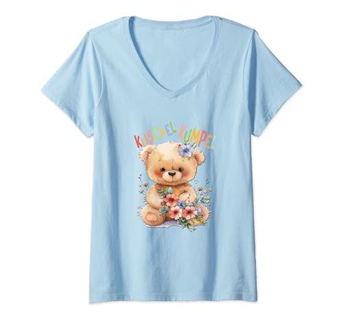 Damen Bär mit Blumen süßer Kuschelbär Kuschelkumpel Mädchen T-Shirt mit V-Ausschnitt von süßer farbenfrohe Bärliebhaber Outfits