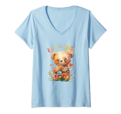 Damen Bär mit Blumen süßer Kuschelbär Kuschelkumpel Mädchen T-Shirt mit V-Ausschnitt von süßer farbenfrohe Bärliebhaber Outfits