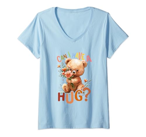 Damen Bär mit Blumen süßer Kuschelbär Mädchen Can I Have a Hug? T-Shirt mit V-Ausschnitt von süßer farbenfrohe Bärliebhaber Outfits