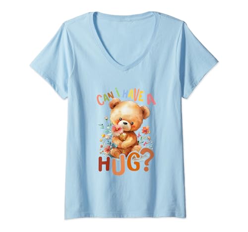 Damen Bär mit Blumen süßer Kuschelbär Mädchen Can I Have a Hug? T-Shirt mit V-Ausschnitt von süßer farbenfrohe Bärliebhaber Outfits