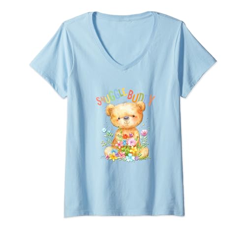 Damen Bär mit Blumen süßer Kuschelbär Snuggle Buddy Mädchen T-Shirt mit V-Ausschnitt von süßer farbenfrohe Bärliebhaber Outfits