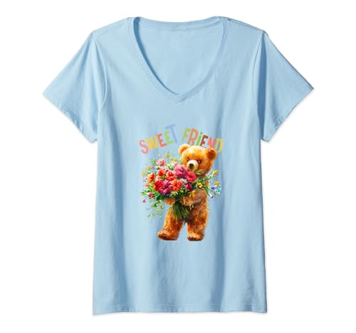 Damen Bär mit Blumen süßer Kuschelbär Sweet Friend Mädchen T-Shirt mit V-Ausschnitt von süßer farbenfrohe Bärliebhaber Outfits