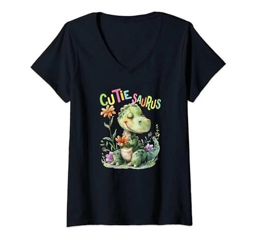 Damen Baby Dino mt Blumen süßer Dinosaurier Cutiesaurus Tochter T-Shirt mit V-Ausschnitt von süßer farbenfrohe Dinoliebhaber Outfits