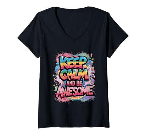 Damen Tochter Keep Calm be Awesome Einhorn Ponny Mädchen pinkes T-Shirt mit V-Ausschnitt von süßes Regenbogen Einhörner Designs für Mädels