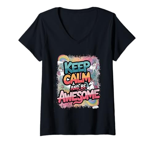 Damen Tochter Keep Calm be Awesome Einhorn Ponny Mädchen pinkes T-Shirt mit V-Ausschnitt von süßes Regenbogen Einhörner Designs für Mädels