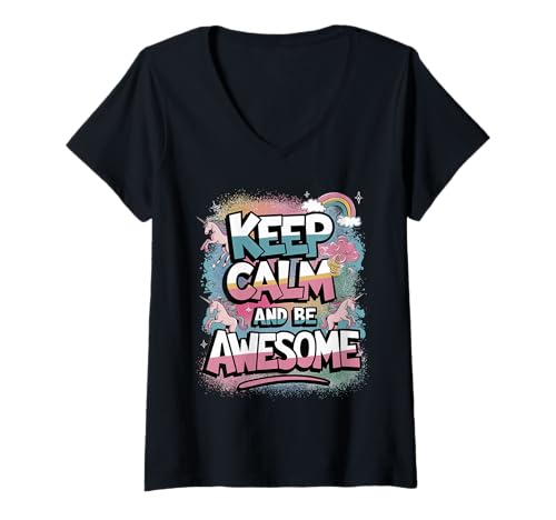 Damen Tochter Keep Calm be Awesome Einhorn Ponny Mädchen pinkes T-Shirt mit V-Ausschnitt von süßes Regenbogen Einhörner Designs für Mädels