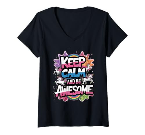 Damen Tochter Keep Calm be Awesome Einhorn Ponny Mädchen pinkes T-Shirt mit V-Ausschnitt von süßes Regenbogen Einhörner Designs für Mädels