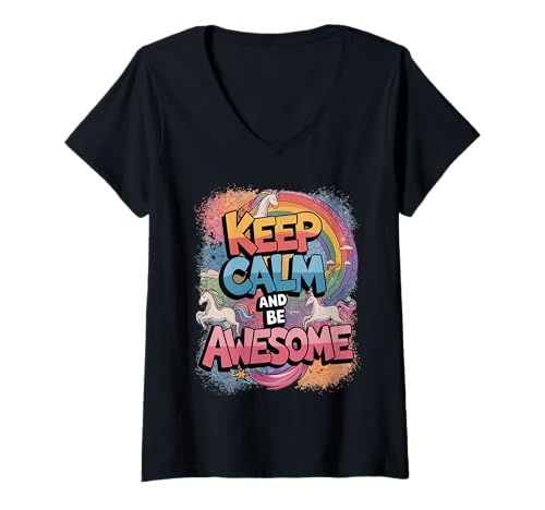 Damen Tochter Keep Calm be Awesome Einhorn Ponny Mädchen pinkes T-Shirt mit V-Ausschnitt von süßes Regenbogen Einhörner Designs für Mädels