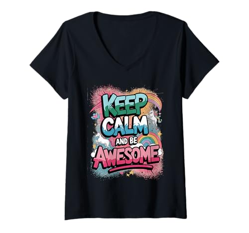 Damen Tochter Keep Calm be Awesome Einhorn Ponny Mädchen pinkes T-Shirt mit V-Ausschnitt von süßes Regenbogen Einhörner Designs für Mädels