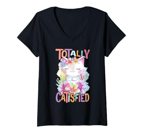 Damen Catisfied Baby Katze mit Blumen süße Katzen Kätzchen Tochter T-Shirt mit V-Ausschnitt von süßes farbenfrohe Katzen Liebhaber Outfits