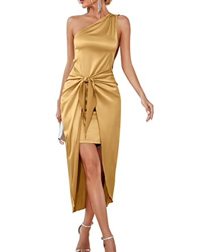 Ärmelloses Kleid aus Satin mit Einer Schulter, gerüscht, ärmellos, geteilter Wickelsaum, mit Gürtel, sexy, Elegantes Satin-Cocktailkleid für Hochzeitsfeiern von sujinxiu