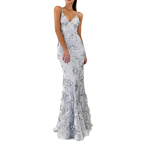 Damen Abendkleid mit Pailletten, Meerjungfrau, sexy V-Ausschnitt, Sphagetti-Träger, Pailletten-Partykleid, glitzerndes, rückenfreies, formelles, Bodenlanges Abschlussball-Partykleid von sujinxiu