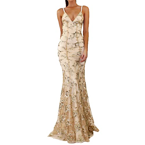 Damen Abendkleid mit Pailletten, Meerjungfrau, sexy V-Ausschnitt, Sphagetti-Träger, Pailletten-Partykleid, glitzerndes, rückenfreies, formelles, Bodenlanges Abschlussball-Partykleid von sujinxiu