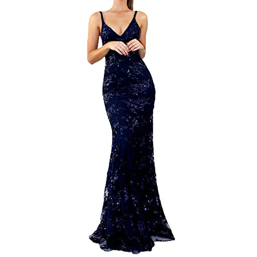 Damen Abendkleid mit Pailletten, Meerjungfrau, sexy V-Ausschnitt, Sphagetti-Träger, Pailletten-Partykleid, glitzerndes, rückenfreies, formelles, Bodenlanges Abschlussball-Partykleid von sujinxiu