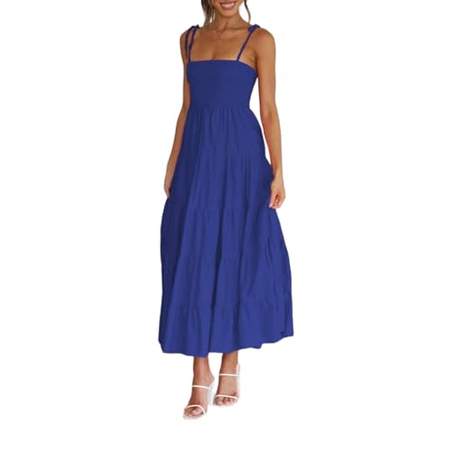 Damen Boho-Maxikleid, sexy Spaghettiträger, ärmelloses Kleid, gesmokt, Abgestuft, A-Linie, fließendes Maxikleid, Strand-Sommerkleid, modische Kleidung von sujinxiu