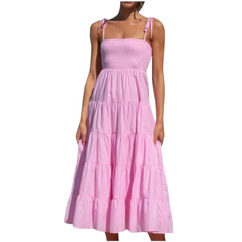 Damen Boho-Maxikleid, sexy Spaghettiträger, ärmelloses Kleid, gesmokt, Abgestuft, A-Linie, fließendes Maxikleid, Strand-Sommerkleid, modische Kleidung von sujinxiu