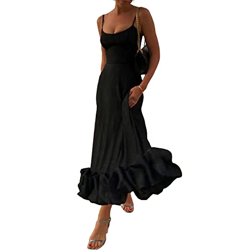 Damen Boho Spaghetti-Trägerkleid Sexy Tiefer Karree-Ausschnitt Rüschen A-Linie Kleid Sommermode Ärmelloses Strand-Swing-Kleid für Party Streetwear von sujinxiu