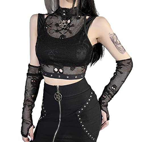 Damen Gothic-Cropped-Top, schwarz, Vintage-Cropped-T-Shirts, modische Spitzen-Patchwork-Tanktops, ästhetische Harajuku-Cropped-Tanktops, Party, Club, Streetwear von sujinxiu