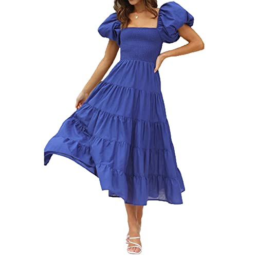 Damen-Kleid mit quadratischem Ausschnitt, Puffärmeln, Boho-Blumendruck, fließendes Kleid, Sommerkleid, gesmokt, A-Linie, Abgestuft, für Strand, Party, Club, Streetwear von sujinxiu