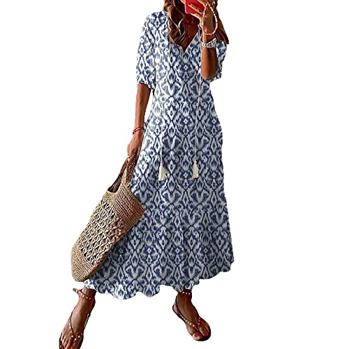 Damen Sommer Casual Boho Maxikleid V-Ausschnitt Blumendruck Puff Kurzarm Kleid Hohe Taille A-Linie Flowy Midi Strandkleider Beachwear Streetwear von sujinxiu