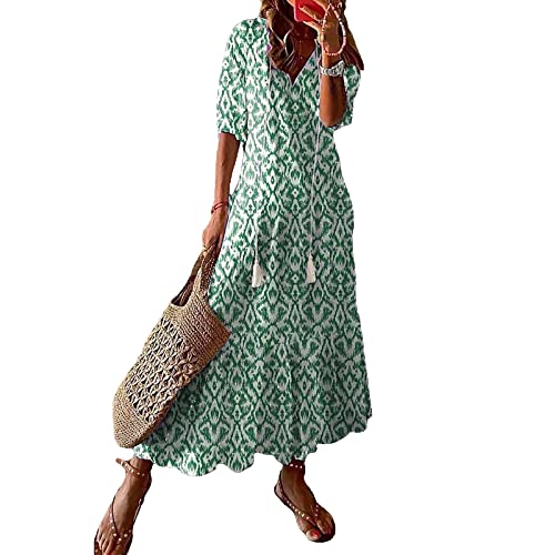 Damen Sommer Casual Boho Maxikleid V-Ausschnitt Blumendruck Puff Kurzarm Kleid Hohe Taille A-Linie Flowy Midi Strandkleider Beachwear Streetwear von sujinxiu