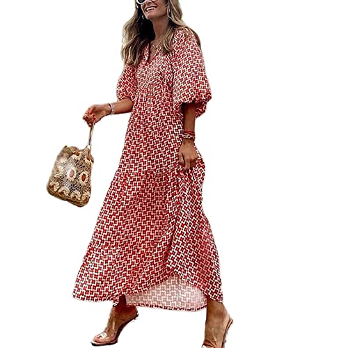 Damen Sommer Casual Boho Maxikleid V-Ausschnitt Blumendruck Puff Kurzarm Kleid Hohe Taille A-Linie Flowy Midi Strandkleider Beachwear Streetwear von sujinxiu