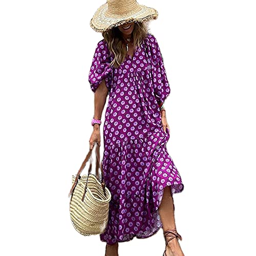 Damen Sommer Casual Boho Maxikleid V-Ausschnitt Blumendruck Puff Kurzarm Kleid Hohe Taille A-Linie Flowy Midi Strandkleider Beachwear Streetwear von sujinxiu