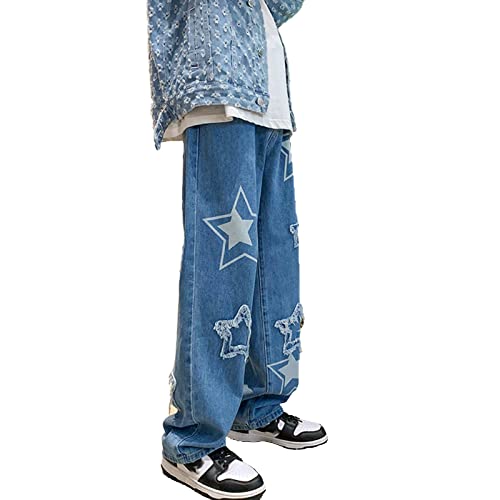 Herren Streetwear Jeans Ästhetische Baggy Hip Hop Star Hosen Lässige Hohe Taille Weite Beinhosen Vintage Harajuku Denim Hosen Gerade Hosen von sujinxiu