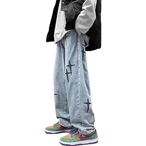 Herren Streetwear Jeans Ästhetische Baggy Hip Hop Star Hosen Lässige Hohe Taille Weite Beinhosen Vintage Harajuku Denim Hosen Gerade Hosen von sujinxiu