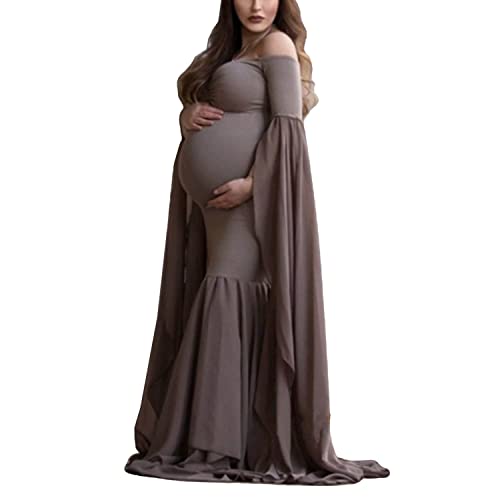 Schulterfreies Umstands-Maxi-Fotografiekleid für Damen, elegantes, schmal geschnittenes Tüll-Maxikleid, Hochzeit, Meerjungfrau-Front-Split-Maxi-Schwangerschaftskleid für Fotoshooting, Babyparty von sujinxiu