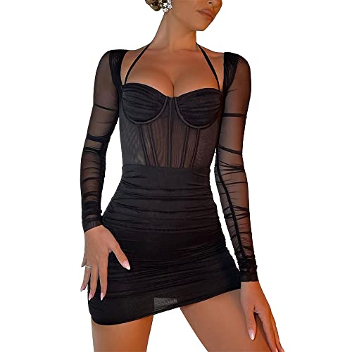 Sexy, figurbetontes Kleid aus transparentem Mesh für Damen, durchsichtiges, langärmliges, schlankes Minikleid für Party-Cocktail-Clubwear von sujinxiu