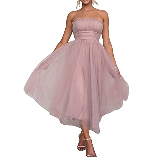 Solides trägerloses Damen-Netzkleid Tüllkleid ärmelloses Netz-Geburtstagsfeenkleid Elegantes Cocktail-Bodycon-Midi-Tüllkleid für Party-Club-Abend von sujinxiu