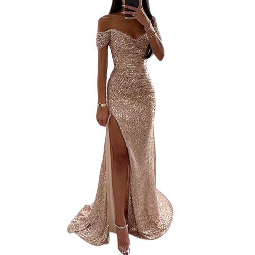 sujinxiu Damen-Abschlussballkleid mit Pailletten, schulterfrei, V-Ausschnitt, langes Ballkleid, sexy, hoch geteilt, Abschlussball, formelle Hochzeit, Gast, Cocktail-Abend, Maxikleid von sujinxiu