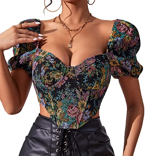 sujinxiu Damen Blumenstickerei Korsett Bustier Crop Top Sexy Vintage Stickerei bedruckt Puff Kurzarm Top Slim Fit Korsett Crop Top Party Club Streetwear von sujinxiu