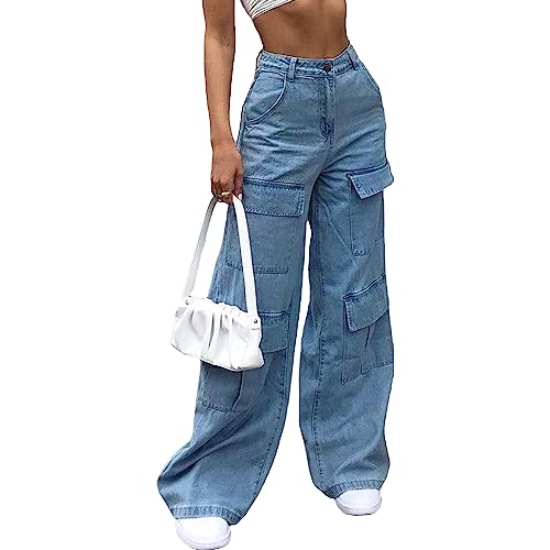 sujinxiu Damen-Cargo-Denim-Hose, hohe Taille, Cargo-Baggy-Jeans, Boyfriend-Streetwear, lässige Cargo-Jeans, Grunge-Jeans mit Klappentasche und weitem Bein von sujinxiu