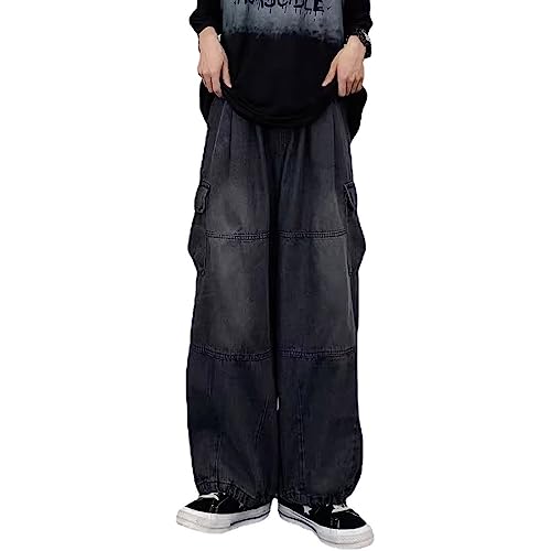 sujinxiu Damen-Cargo-Denim-Hose, hohe Taille, Cargo-Baggy-Jeans, Boyfriend-Streetwear, lässige Cargo-Jeans, Grunge-Jeans mit Klappentasche und weitem Bein von sujinxiu