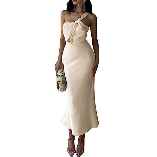 sujinxiu Damen One-Shoulder-Satin-langes formelles Kleid, sexy ärmelloses Hochzeitsgastkleid, Cocktail-Abend-Party, figurbetontes Maxikleid von sujinxiu