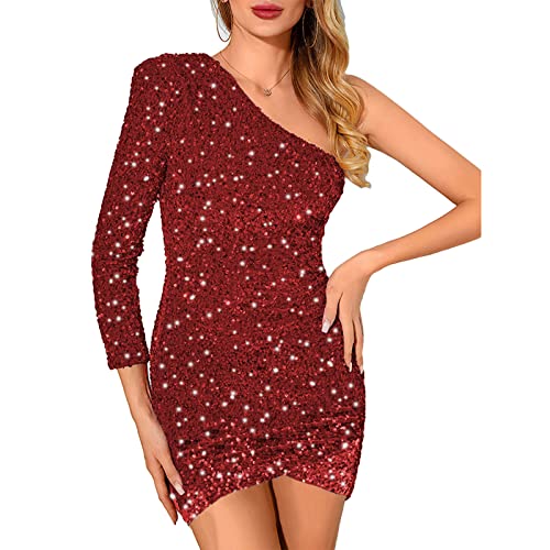 sujinxiu Damen Sexy One-Shoulder-Pailletten-Minikleid Sparkly Glitter One-Shoulder-Party-Club-Kleid Langarm Wrap Bodycon Mini-Cocktail-Party-Club-Kleid von sujinxiu