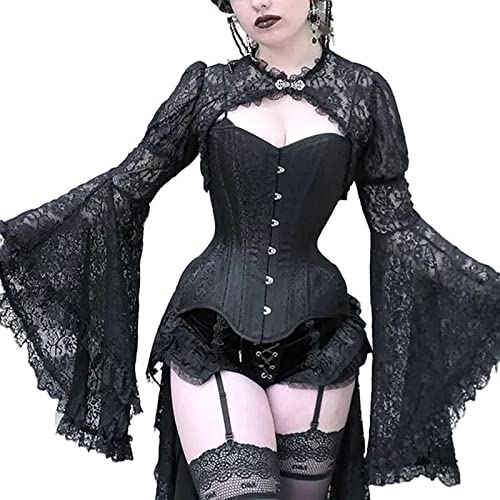 sujinxiu Damen Sexy Spitze Flare Sleeve Crop Tops Vintage Gothic Spitze Crop Tops Schwarze Spitze Rüschenbesatz Glockenärmel Bluse für Halloween Party Festival von sujinxiu