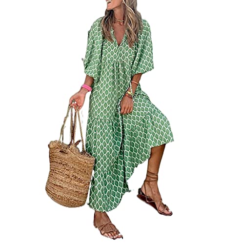 Damen Sommer Casual Boho Maxikleid V-Ausschnitt Blumendruck Puff Kurzarm Kleid Hohe Taille A-Linie Flowy Midi Strandkleider Beachwear Streetwear von sujinxiu