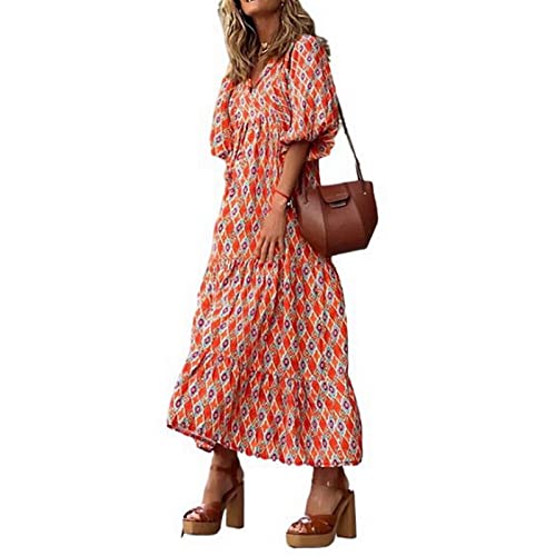 Damen Sommer Casual Boho Maxikleid V-Ausschnitt Blumendruck Puff Kurzarm Kleid Hohe Taille A-Linie Flowy Midi Strandkleider Beachwear Streetwear von sujinxiu