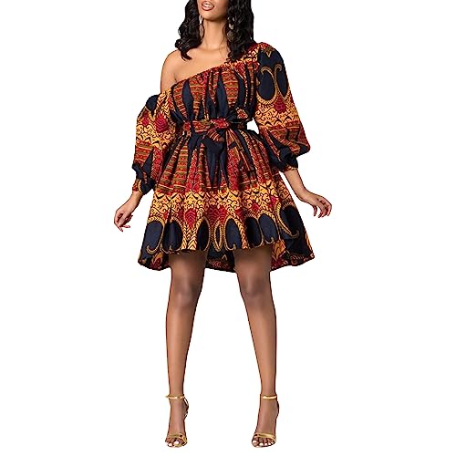 sujinxiu Frauen Boho Afrikanisches Blumendruckkleid Sommer Sexy One Shoulder Afrikanisches Kleid Vintage Blumendruck Hohe Taille Wickelkleid für Club Party Streetwear von sujinxiu