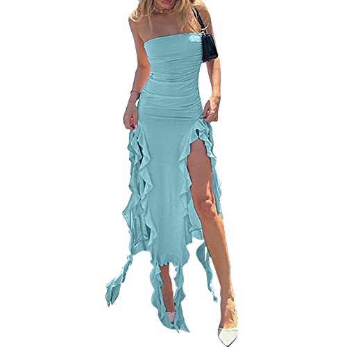 sujinxiu Frauen Unregelmäßige Blumen Quaste Split Rüschen, Figurbetontes Kleid Damen Sexy Rüschensaum Trägerloses Langes Kleid Hoch Split Club Party Fairy Outfits Kleid von sujinxiu