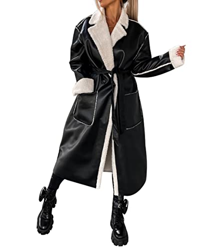 sujinxiu Lange Damenjacke aus Kunstleder mit Pelzkragen, warmer Wintermantel aus Kunstleder mit Gürtel, modischer Winter-Trenchcoat-Mantel, Party-Club-Streetwear von sujinxiu