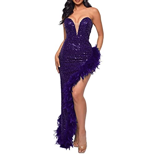 sujinxiu Sexy trägerloses Kleid mit Pailletten für Damen, elegant, hochgeteilt, formelle Party-Abendkleider, schulterfrei, ärmellos, figurbetontes Abendkleid mit Pailletten von sujinxiu