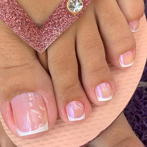 24 Stück Französische Zehennägel Kurz Quadratisch – Künstliche Press-On Zehennägel in Rosa & Weiß – Wiederverwendbare Acryl-Nagel-Tipps mit Design für Frauen – Inkl. Kleber & Feile von sundrerfect