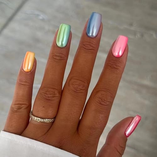 24 Stück French Press on Nails Kurz Eckig Regenbogen Aurora Fake Nails Ballerina Acryl Full Cover Fingernägel für Frauen mit Kleber & Feile von sundrerfect